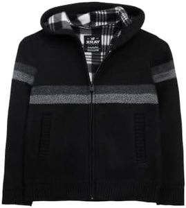 X RAY Boys (6-12) Full Zip Fleece Flannel Lining Sweater with Hood, Kids Knit Sweater for Spring, Fall and Winter Black/Charcoal -Black/Charcoal-L