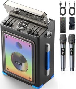 Metfut Professional Karaoke Machine for Adults with Bluetooth 5.3, 2 Wireless Mics, Portable Wooden Speaker PA System with Bass/Treble Adjustment for Backyard, Home Parties and Camping-Blue