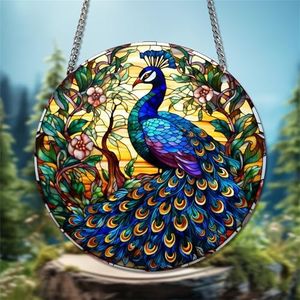 WOHAHA Peacock Round Stained Acrylic Window Hanging Panels Plants Flower Indoor Outdoor Windows Hanger Kitchen Bedroom Office Garden Wall Art Decor Gifts for Women Mom Grandma Teacher