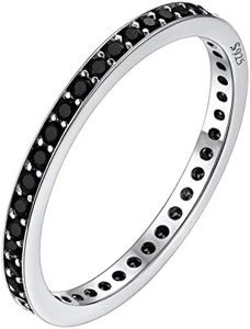 Bestyle 2MM Thin Band Eternity Rings 925 Sterling Silver Black Cubic Zirconia Egagement Rings Wedding Anniversary Stackable Rings for Her,Size 8