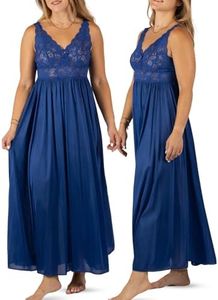 Shadowline Women’s Long Lace Bodice Nightgown  | 53” Length Sleeveless Gown, Navy, Medium