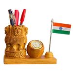 MV Son's Wooden Pen Stand - Analog Watch And Ashok Stambh Pillar With Flag Gift Decorative Items For Home Decor Office Desk Organiser - Natural Finish