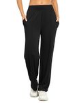 Famulily Ladies Black Trousers Elasticated Waist Wide Leg Joggers Stretch Palazzo Lounge Pants with Pockets (L, Black)