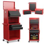 S AFSTAR Safstar 6-Drawer Rolling Tool Chest, High Capacity Tool Storage Cabinet with 4 Hooks, Locking System and Universal Wheels, 3-in-1 Detachable Toolbox for Garage, Workshop, Black and Red