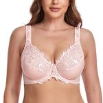 Ayigedu Women's Underwire Bra Non-Padded Floral Lace Plus Size Full Coverage Minimizer 42-DD Pink