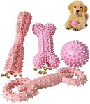 4 Pack Puppy Toys for 2-8 Months Teething Pets Dog Chew Toy Puppies Teeth Cleaning Teething Toy Food Dispensing Soft Rubber Bone Funny Ball Interactive Donut Treat Dumbbell for Small Medium Dogs Pink