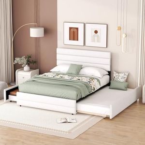 Moimhear Cama doble de plataforma con dos cajones con ruedas, 140 x 200 cm, para dos personas, beis