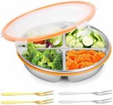 VAlinks Divided Serving Tray with Lid Stainless Steel Snackle Box with 4 Forks Reusable SUS 304 Veggie Tray Lunch Containers Serving Platter for Picnic Party Holidays and Travel （4 Compartments