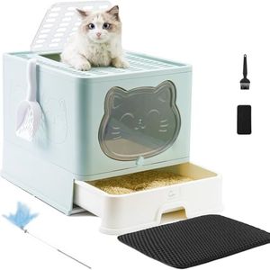 HelloMiao Large Fully Enclosed Cat Litter Box with Door, Foldable Covered Odor-Control Cat Litter Tray, Drawer Type Litter Toilet with Carbon Filter Suitable for Cats Under 17.6Ib(8kg)