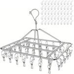 PELLUM Clothes Drying Rack 60 Clips Large Stainless Steel Laundry Clothesline Hanging Rack Anti-Wind Drying Clothes Hanger Clothespins Windproof Pegs Hook for Socks Underwear Towels (60Clips+50Hooks)