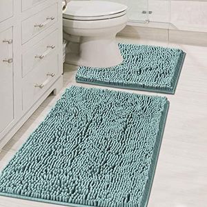 H.VERSAILTEX Original Luxury Chenille Bathroom Rug Mat (32" x 20"/20" x 20"), Extra Soft & Absorbent Shaggy Rugs, Machine Wash/Dry, Perfect Plush Carpet Mats for Tub (Curved Set, Eggshell Blue)
