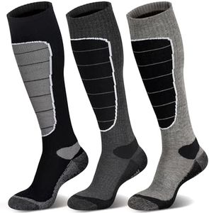 Merino Wool Ski Socks, Cold Weather Socks for Snowboarding, Snow, Winter, Thermal Knee-high Warm Socks, Hunting, Outdoor Sports (3 Pairs (Black Grey Grey), Large)