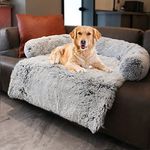 Dekeyoo Calming Waterproof Dog Bed, Pet Couch Protector Plush Dog Mat Dog Sofa, Pet Furniture Cover with Soft Neck Bolster, Machine Washable Silver Gray Medium