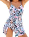 GRACE KARIN Women's One-Piece Swimsuit Slim Fit Stretchy Plunge Neck Bathing Suit with Vibrant Colors White & Green Printed L