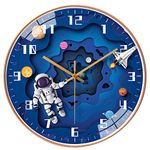 QINFIEY 12 Inch Silent Movement Kids Wall Clock, Non Ticking Children Round Wall Clock Battery Operated Space Travel Style Decor Children Clock for School Boys Bedroom Living Room Space Decor (Blue)