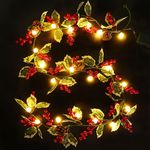 Quntis 5.7Ft Artificial Christmas Garland Lights Battery Powered with Timer, 20 LED Battery Operated Plastic Xmas Garland for Front Door Fireplace Stair Table Porch Indoor Decoration, 1.75M, Holly