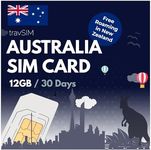 travSIM Australia SIM | 12GB Mobile Data at 4G/5G speeds | Free Roaming in New Zealand | Works on iOS & Android Devices | Plan on Australia SIM Card is Valid for 30 Days