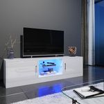 ELEGANT 1500mm Modern High gloss TV Stand Cabinet with Ambient Light for 22"-55" Flat Screen 4k TVs/LED Light TV Cabinet with Shelves and Cabinets for Living Room Bedroom, White