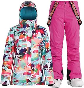 GSOU SNOW Womens Ski Jackets and Pants Set Snowsuit Snowboarding Warm Winter Coat Hooded Waterproof Windproof Insulated,Pink Camouflage,L