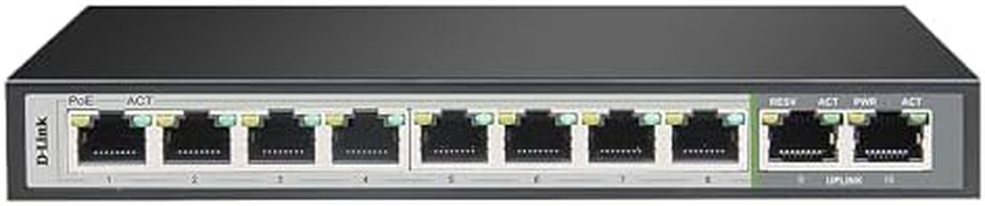 D-Link DGS-F1010P-E 10-Port Gigabit PoE Switch with 8 Long Reach Ports PoE Supported up to 250m, 2 Uplink Ports, 96W PoE Budget, Plug & Play, 6kV Surge Protect, Network Switch with Smart Features