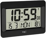 TFA Dostmann Digital Wall, 60.4519.01, Radio-Controlled Clock with Indoor Temperature, Day of The Week (8 Languages), Date, Time Zone Setting, Black, (L) 215 x (B) 160 x (H) 26 (68) mm