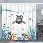 SparkLia Funny Cat Shower Curtain, Diving Underwater World Shower Curtain Sets with Animal Turtle Octopus Starfish, Waterproof Fabric Nautical Kids Curtain with Hooks for Bathroom Décor - 72" x 72"