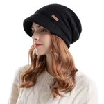 AYPOW Winter Knit Slouchy Visor Hat for Women, Fleece Lined Warm Thermal Hat with Brim, Pullover Ear Protection Hat, Beret Hat Newsboy Cap, Daily Winter Outdoor hat for Ladies Black