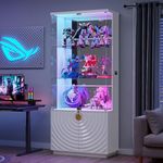 HNEBC Display Cabinet with Glass Doors - 71" High Gloss Curio Cabinet with Adjustable Glass Shelf, Lockable Display Cases with RBG Lights and Human Body Sensor for Collectibles, White