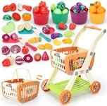 Kids Shopping Cart with Cutting Play Food Set for Kid Kitchen, 2 in 1 Shopping Cart for Kids Grocery Store Pretend Play Kitchen Accessories Sorting Food Bucket Learning Toys Gift for Toddler 3-5