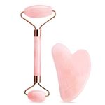 URAQT Gua Sha and Jade Roller Set, Jade Gua Sha Board and Face Roller Set, Quartz Jade Stone Gua Sha Facial Tool, Face Scraping Massager, Anti Aging Massage Beauty Tool for Face, Eye, Neck (Pink)