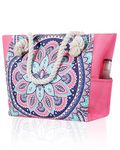 TESALATE Large Canvas Beach Tote Bag with Zipper Sand proof for Women Swim Travel Shopping Beach Holiday Cruise Essentials, Pink Mandala Boho Bohemian, L 码（大码）