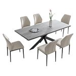 Modern Kitchen Dining MDF Table and Chairs for 6,7 Pieces Middle Butterfly Extension Leaf Table and PU Leather Dining Chairs for Kitchen, Living Room, Dining Room (Table + 6 Beige Chairs)