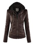 Made By Johnny WJC664 Womens Faux Leather Jacket with Hoodie L Coffee