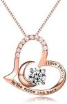 PRETTERY Rose Gold Plated Sterling Silver Necklace I Love You to The Moon and Back Zirconia Heart Pendant Gifts for Women,18"+2" Chain