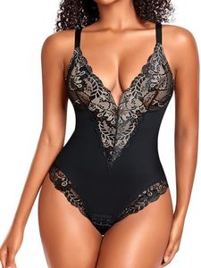 Shapewear Bodysuits for Women Tummy Control Sculpting Thong Body Shaper Lace Shapewear, #1 Black & Nude, Medium