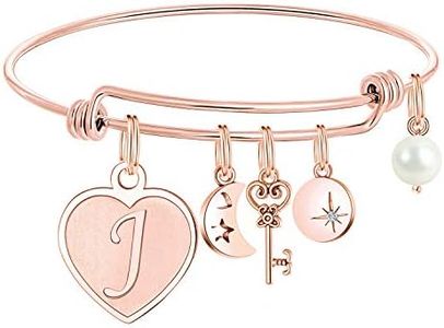 M MOOHAM Bracelets for Girls Women, Rose Gold Letter J Initial Charm Bangle Bracelet Mothers Day Valentines Present Gifts for Women Jewelry, Flower Girl Bridesmaid Proposal Gifts for Wedding