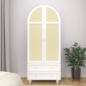 UHMUVFM Arched Armoire Wardrobe Closet with 2 Rattan Doors, Wooden Wardrobe Closet with 2 Drawers, Bedroom Armoires with Hanging Rod (White)