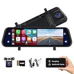 9.66” Mirror Dash Cam Compatible with Apple Carplay&Android Auto,Voice Control Rear View Mirror 1080P Front and Rear View Dual Cameras,Night Vision, Parking Assistance/Monitoring, Free 64GB Card