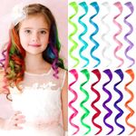 Olldag 12 PCS Colored Hair Extensions for Kids, Curly Wavy Synthetic Hairpieces Clip in Rainbow Neon Party Highlights, Colorful Hair Accessories for Girls Women 17 Inch (Multi-color Set)