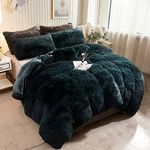 XeGe Plush Shaggy Duvet Cover, Luxury Ultra Soft Crystal Velvet Fuzzy Bedding 1PC(1 Faux Fur Duvet Cover), Fluffy Furry Comforter Cover with Zipper Closure(Queen, Dark Green)