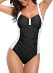 TICKER FASHION Women's Dual Color Ruched Slimming One Piece Swimsuits (SWM02_M) Black