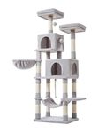 Taoqimiao Cat Tree, 66.2-Inch Cat Tower for Indoor Cats, Plush Multi-Level Cat Condo with 12 Scratching Posts, 2 Perches, 2 Caves, Hammock, 2 Pompoms, Light Gray MS013W