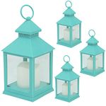 BANBERRY DESIGNS Decorative Lantern - Set of 4 - Teal Decorative Lanterns with Flameless Candles & Remote - Includes 4-Hour Timer - 9 3/8"H Lanterns - Indoor/Outdoor Lantern Set - Patio Porch Décor