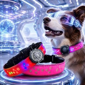 LED Light Up Dog Collar with AirTag Holder, 15 Lighting Modes, USB-C Rechargeable, Customized Name and Phone Number (Pink PRO, XL#(20.4"-24.4"))