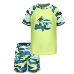 Aisyee Boys Rash Guard Swimsuits Set for Boys Short Sleeve Swim Shirts with Trunks 2 Piece Quick Dry Swim Set Lemon Green Camo Size 12/10-12 Years