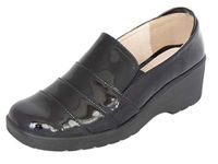 Cushion Walk Women's Ladies Lightweight Black Faux Leather Slip-on Low Wedge Shoes, Flats, Casual Work Office Comfort Shoes - Mat Black or Patent Black (4 UK, Black Patent)