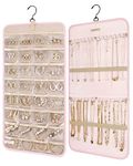 bagsmart Dual-sided Jewelry Organizer Hanging with Metal Hooks,32 Pockets and 2 Wave-Shaped Hooks,Jewelry Roll for Earrings,Necklaces,Rings on Closet,Wall,Door,1 piece, Small, Pink