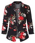 LADI TREND Women's Work Jacket 3/4 Ruched Sleeve Open Front Casual Office Blazer (Floral_Red Black M)