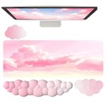 White Cloud Mouse Pad and Keyboard Wrist Rest 4PCS Extended Large Desk Mat Pad Set Memory Foam Non-Slip Ergonomic Gaming Mouse Pad Wrist Support for Computer Laptop Home Office Cute Pink Sky