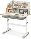 HONEY JOY Kids Study Desk, Height Adjustable Children Writing Table w/Tilt Desktop, Home School Student Learning Desk w/Hutch, Storage Drawer, Tray, Pen Holder & Scale Ruler for 3-12 Years, Grey